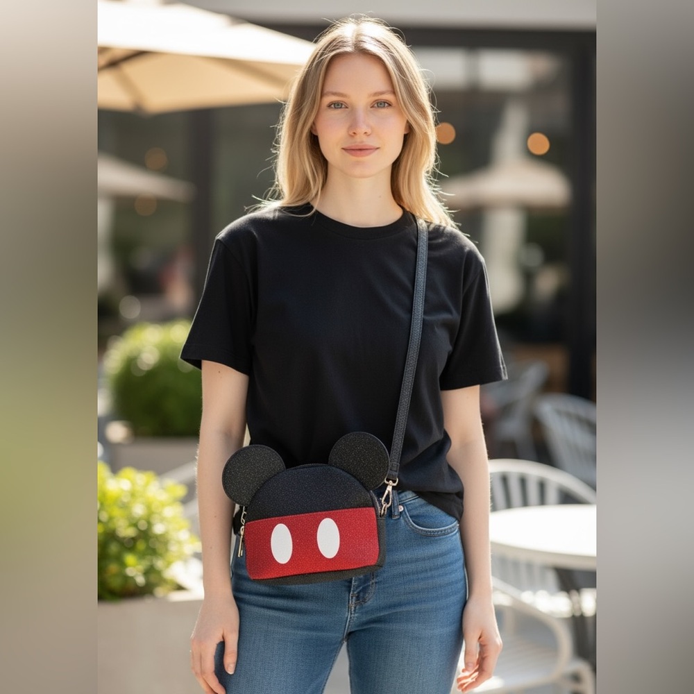 NIB Disney Mickey Mouse Mini Crossbody  Purse Officially W. Keychain Set Glitter